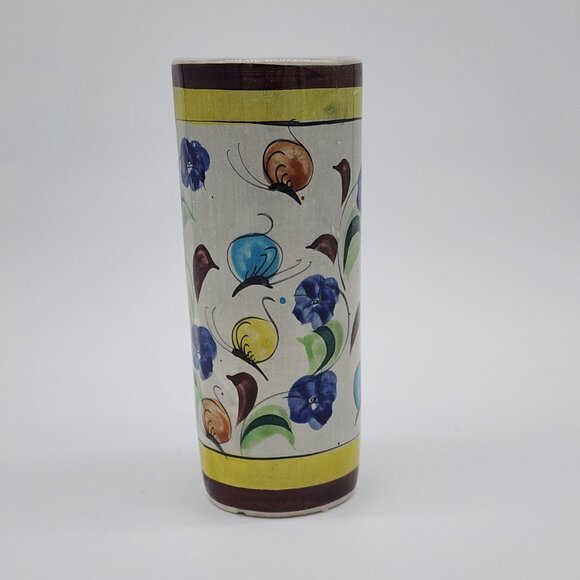 Tonala Cylinder Vase Butterflies Brown Yellow Signed 6.75" Tall VTG 1970s - Picture 6 of 10